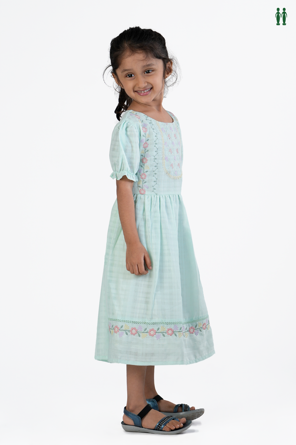 Round Neck Floral Design Green Cotton Frock