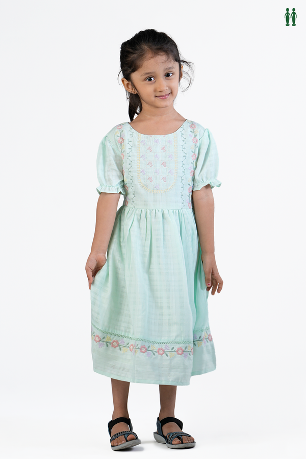 Round Neck Floral Design Green Cotton Frock
