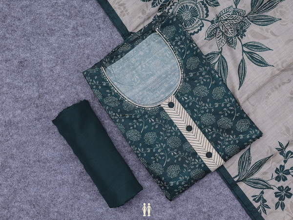 Floral Design Green Silk Cotton Unstitched Salwar Material