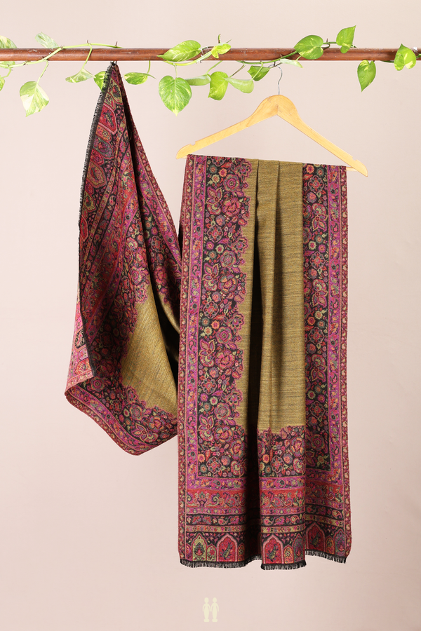 Floral Design Green Woolen Cotton Shawl