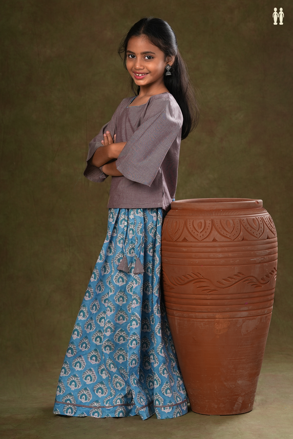 Floral Design Grey And Blue Jaipur Cotton Top And Skirt Set