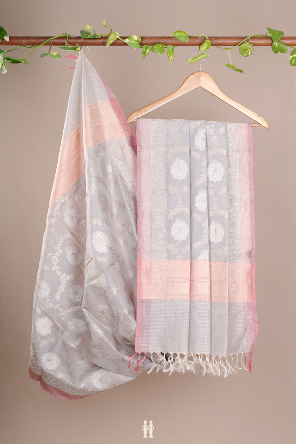 Floral Design Light Grey Banarasi Dupatta