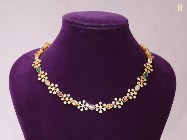 Floral Design MultiColor Stone Gold Plated Silver Necklace