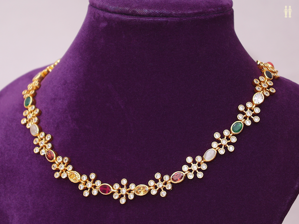 Floral Design Multi Color Stone Gold Plated Silver Necklace