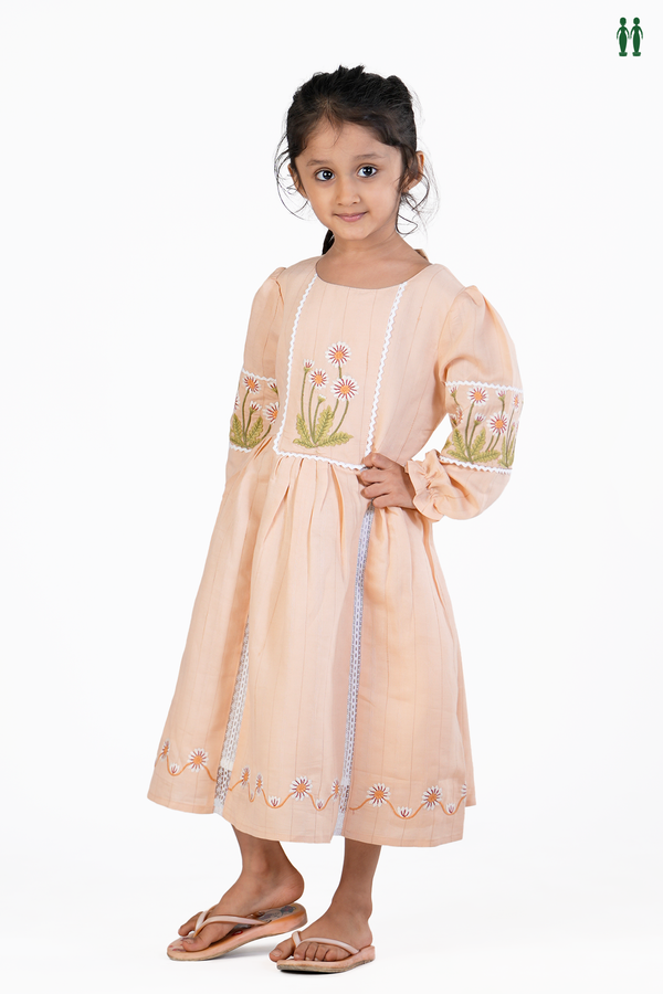 Round Neck Floral Design Orange Cotton Frock