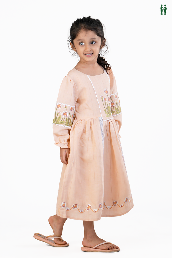 Round Neck Floral Design Orange Cotton Frock