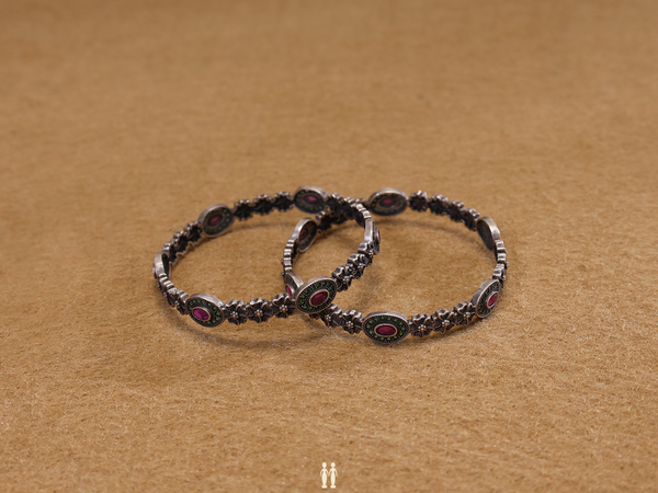 Floral Design Oxidized Pure Silver Bangles