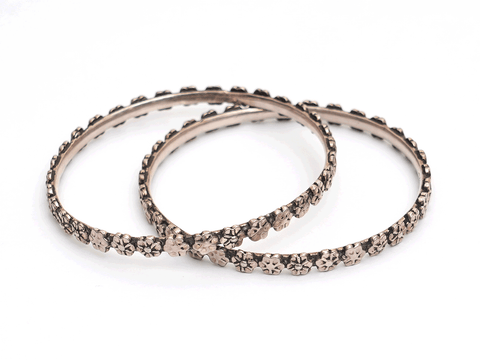 Floral Design Oxidized Pure Silver Bangles