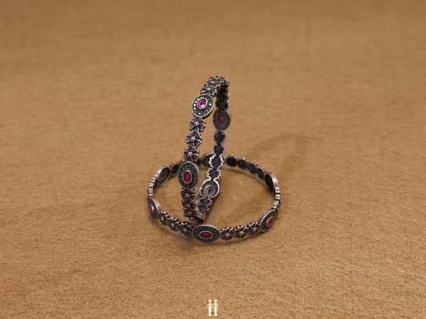 Floral Design Oxidized Pure Silver Bangles
