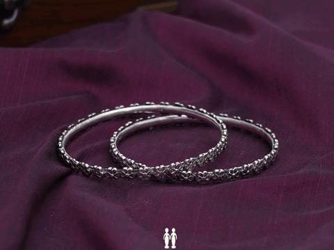 Floral Design Oxidized Pure Silver Bangles