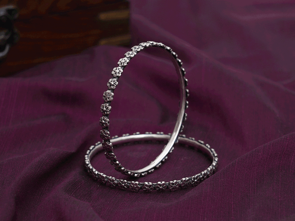 Floral Design Oxidized Pure Silver Bangles