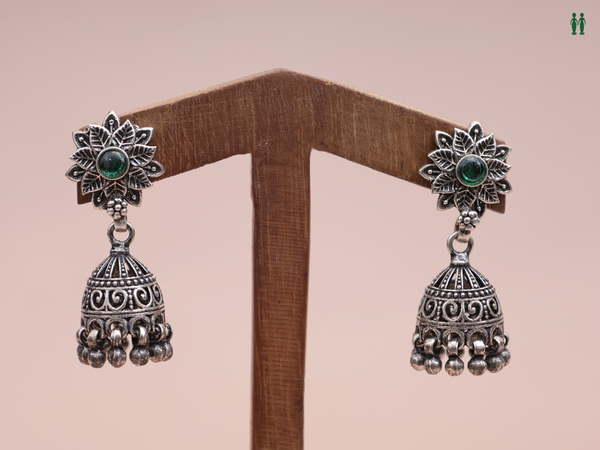 Floral Design Oxidized Pure Silver Jhumkas