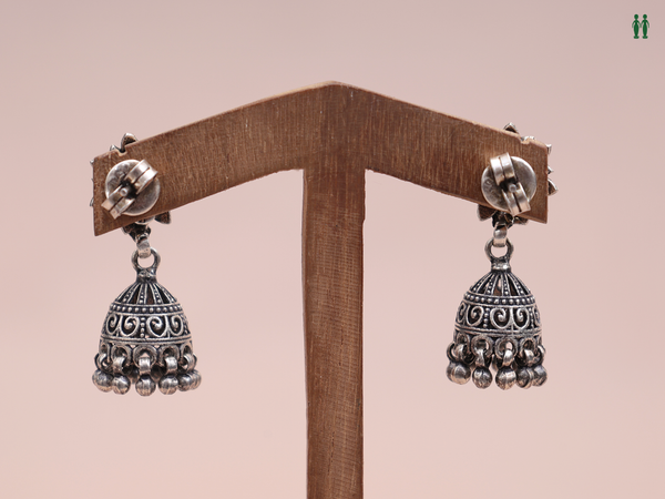 Floral Design Oxidized Pure Silver Jhumkas