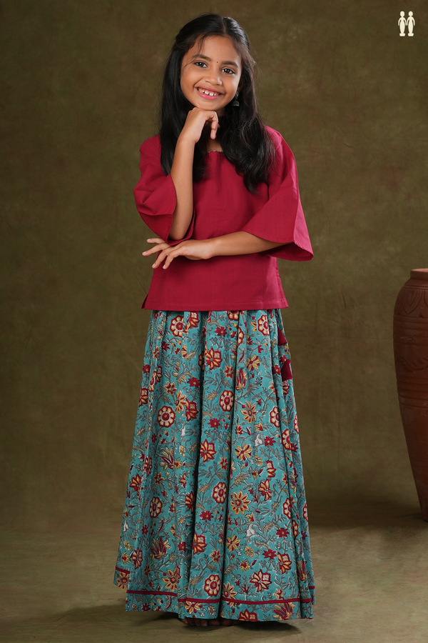 Floral Design Red And Blue Jaipur Cotton Top And Skirt Set