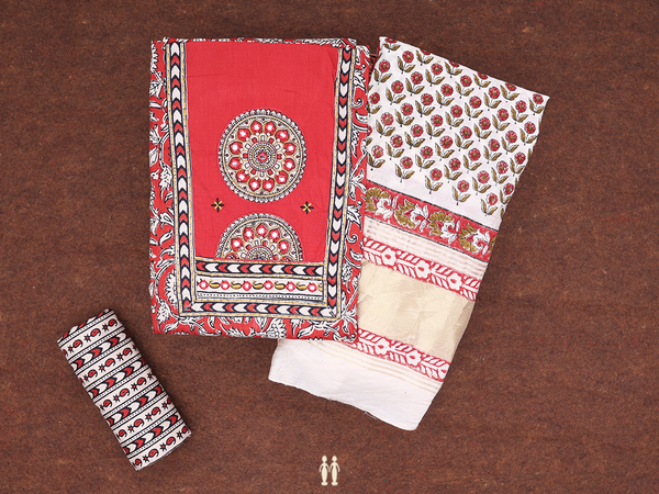 Floral Design Red Cotton Unstitched Salwar Material