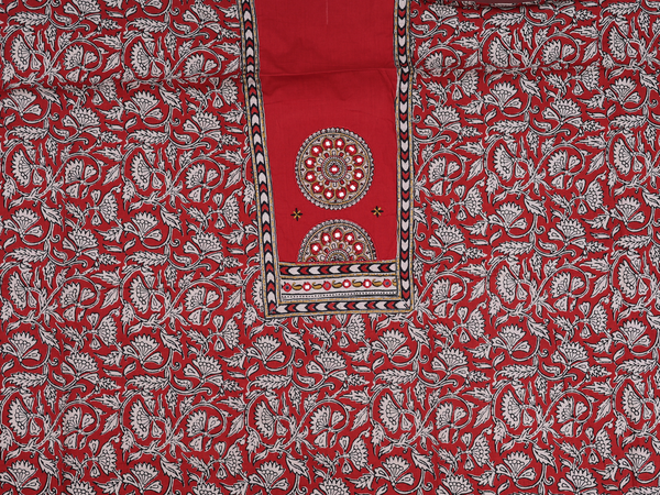 Floral Design Red Cotton Unstitched Salwar Material