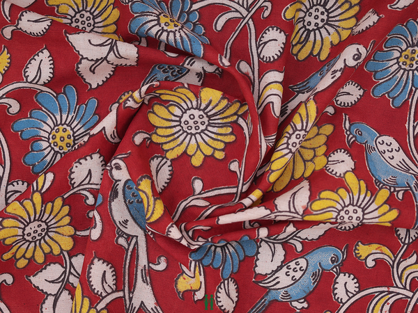 Floral Design Red Kalamkari Cotton Blouse Material
