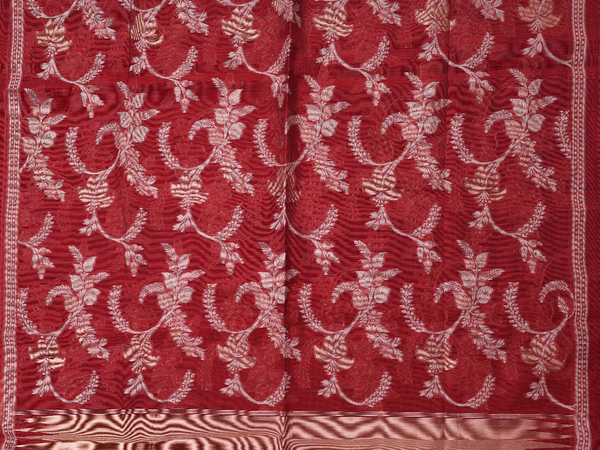 Floral Design Red Silk Cotton Unstitched Salwar Material