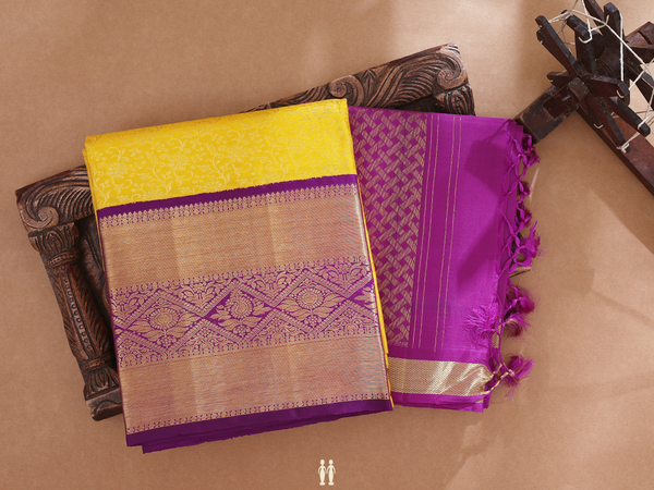 Floral Design Royal Yellow Kanchipuram Half Saree Material