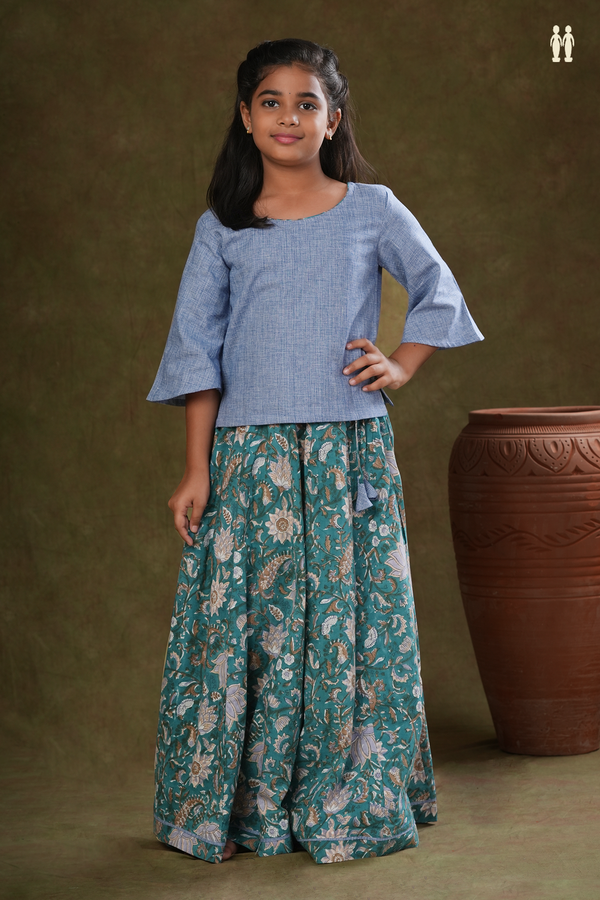Floral Design Shades Of Blue Jaipur Cotton Top And Skirt Set