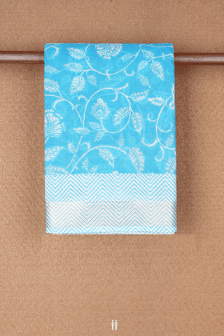 Floral Design Sky Blue Printed Cotton Saree