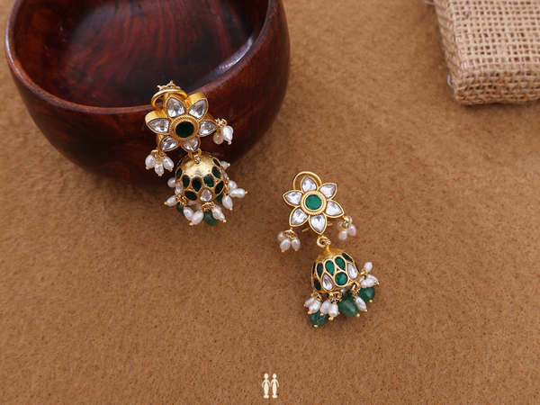 Floral Design Stud With Stones Gold Plated Silver Jhumkas