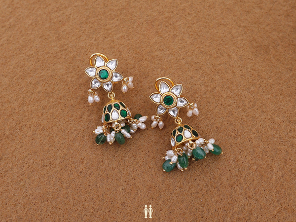 Floral Design Stud With Stones Gold Plated Silver Jhumkas