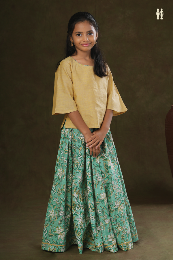 Floral Design Tan And Green Jaipur Cotton Top And Skirt Set