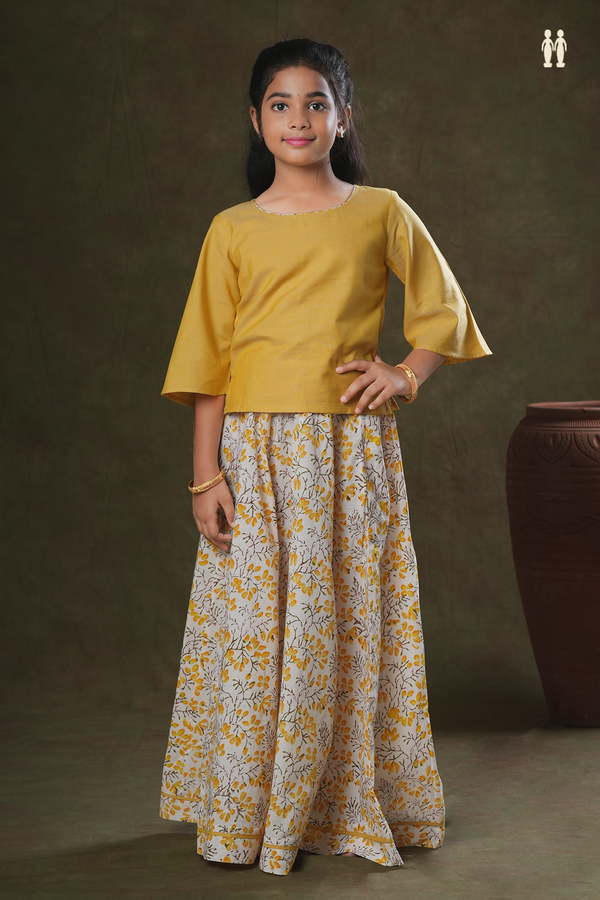 Floral Design White And Yellow Jaipur Cotton Top And Skirt Set