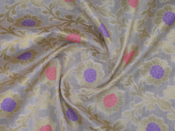 Floral Design White Banarasi Blouse Material