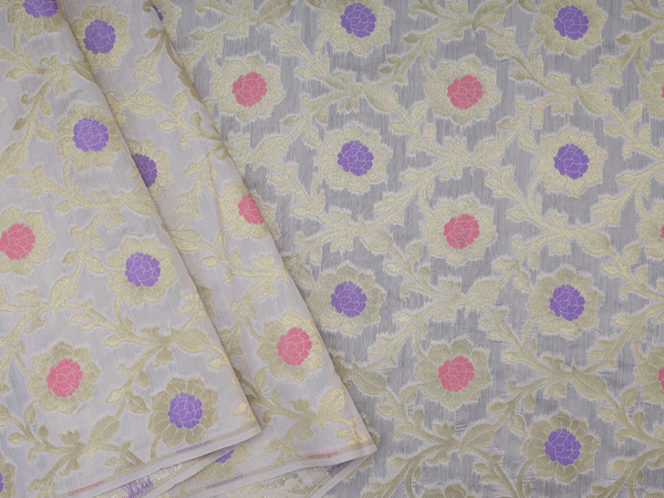Floral Design White Banarasi Blouse Material