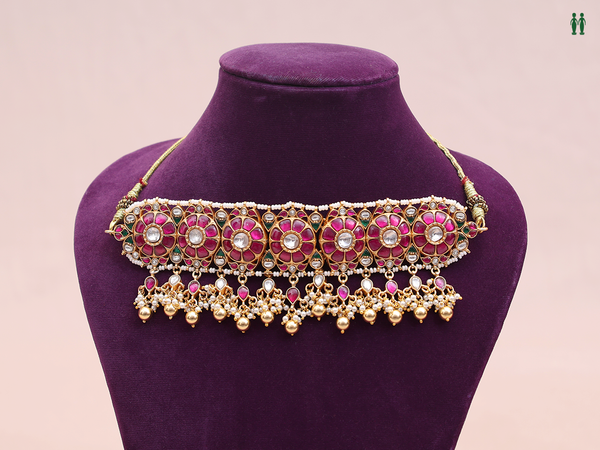 Floral Design With Beaded Gold Plated Pure Silver Choker