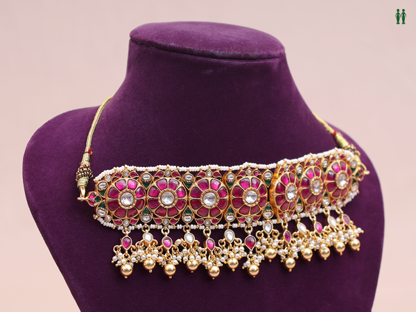 Floral Design With Beaded Gold Plated Pure Silver Choker