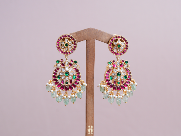 Floral Design With Beaded Gold Plated Pure Silver Earrings