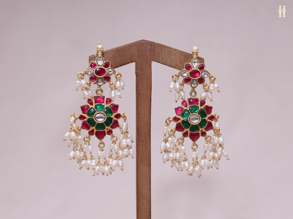 Floral Design With Beaded Gold Plated Pure Silver Earrings