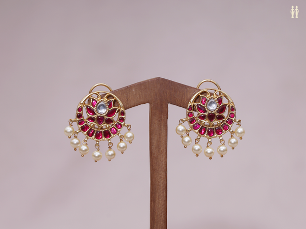 Floral Design With Beads Gold Plated Pure Silver Earrings