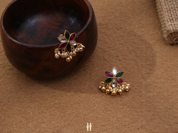 Floral Design With Beads Gold Plated Silver Earrings