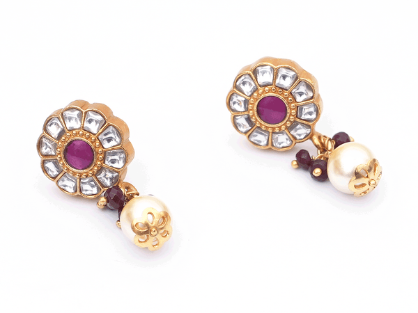 Floral Design With Beads Gold Plated Silver Earrings