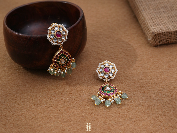 Floral Design With Beads Gold Plated Silver Earrings