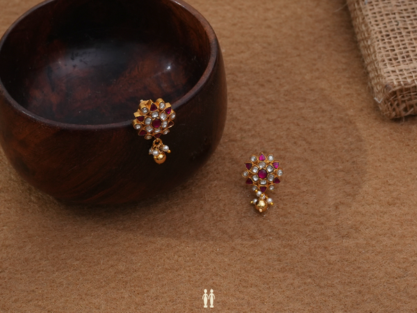 Floral Design With Beads Gold Plated Silver Earrings