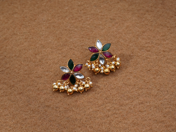 Floral Design With Beads Gold Plated Silver Earrings