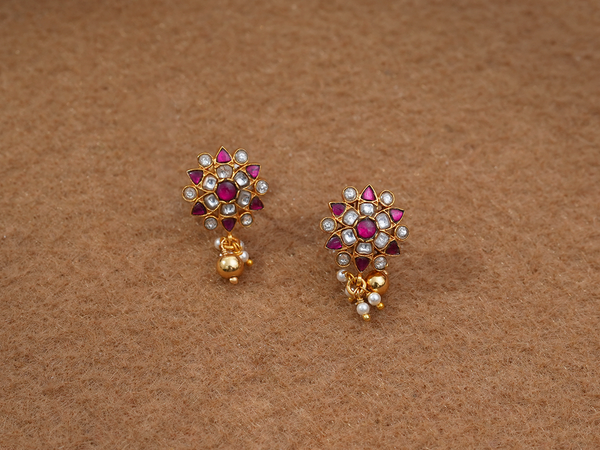 Floral Design With Beads Gold Plated Silver Earrings