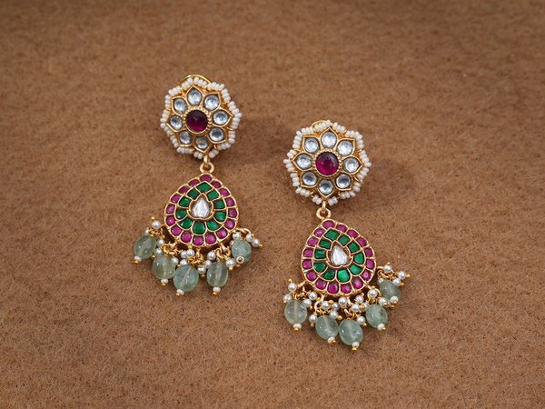 Floral Design With Beads Gold Plated Silver Earrings