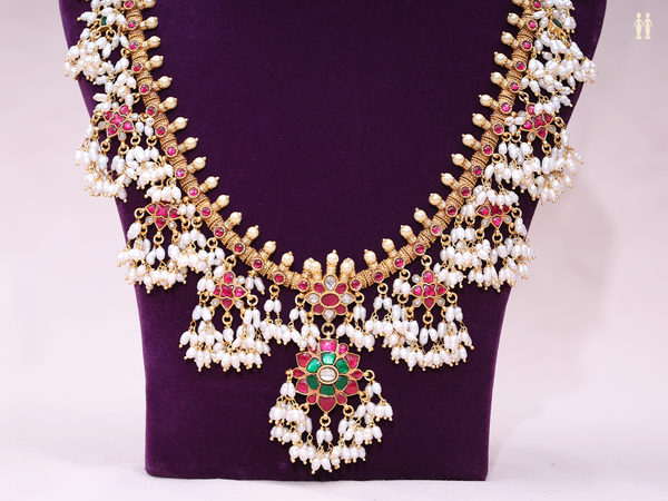 Floral Design With Beads Gold Plated Silver Long Necklace