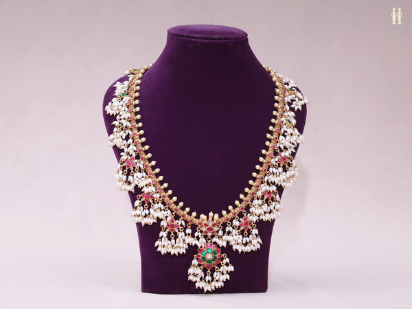 Floral Design With Beads Gold Plated Silver Long Necklace