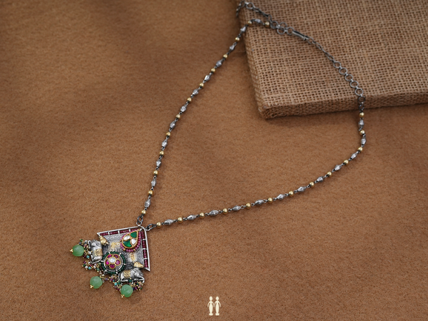 Floral Design With Beads Oxidized Pure Silver Chain