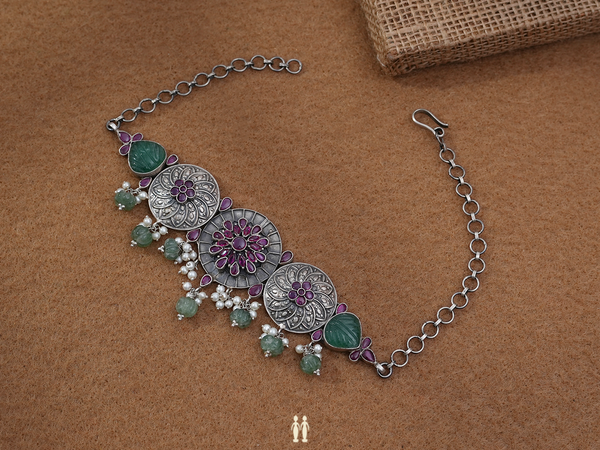 Floral Design With Beads Oxidized Pure Silver Choker