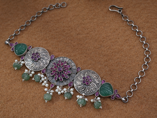 Floral Design With Beads Oxidized Pure Silver Choker