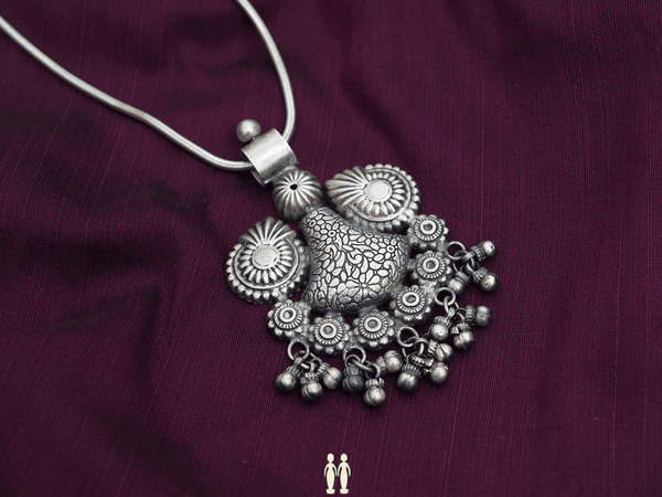 Floral Design With Beads Oxidized Pure Silver Pendant