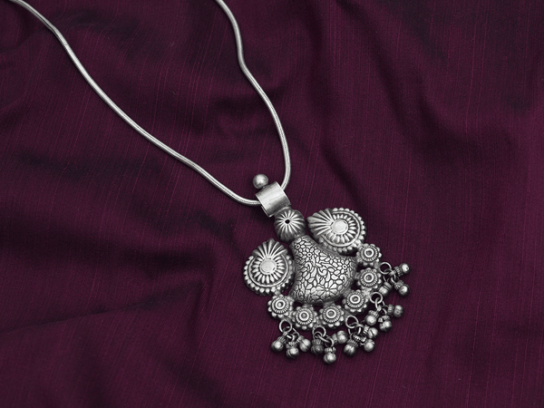 Floral Design With Beads Oxidized Pure Silver Pendant